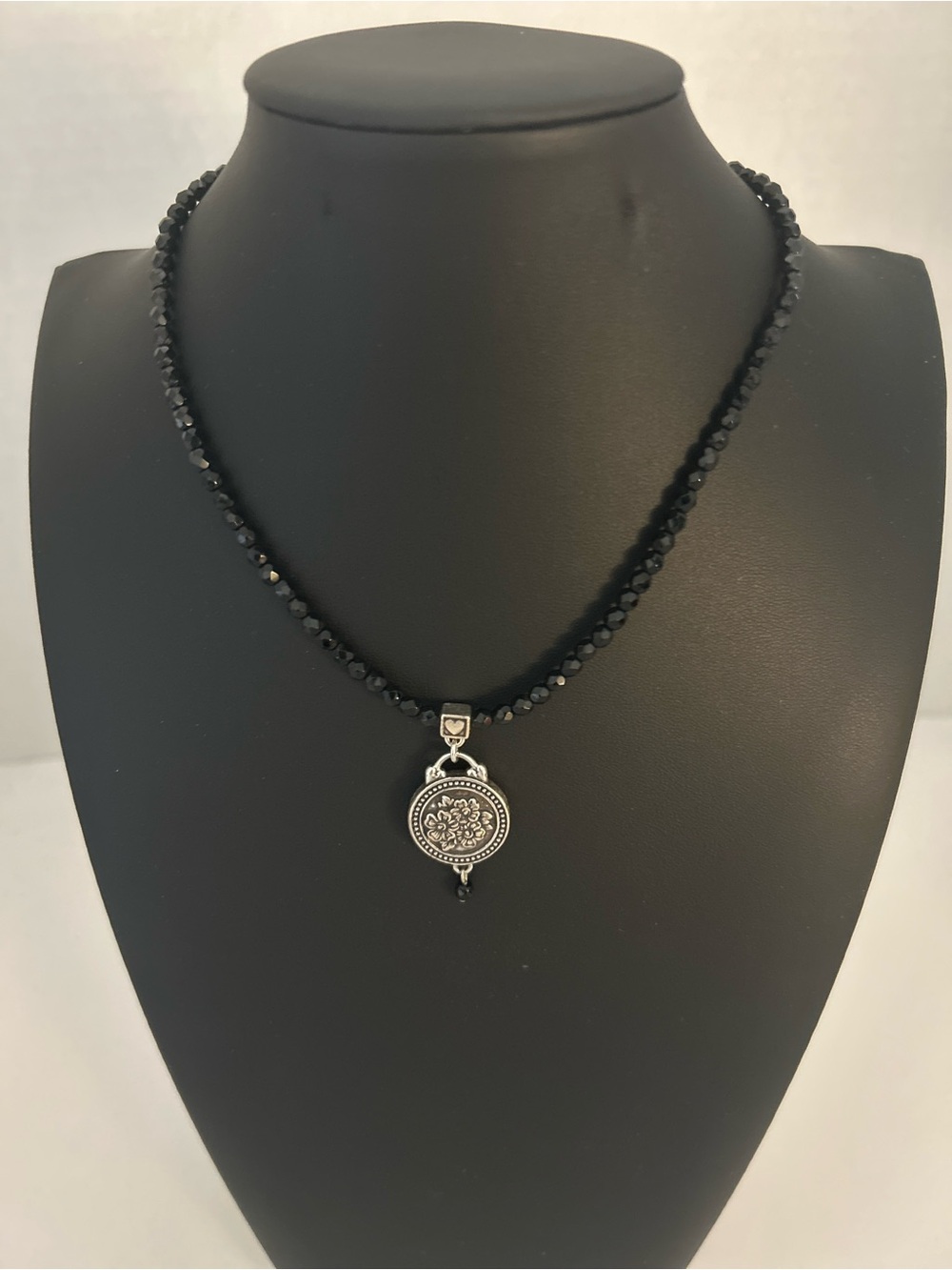Rare Retired Brighton Jet Set Black Crystal Beaded Medallion Necklace